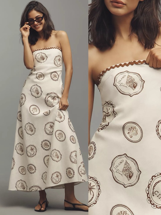 Anthropologie Dresses & Skirts - Kivari • Anthropologie Ciao Strapless Maxi Dress white linen print rickrack